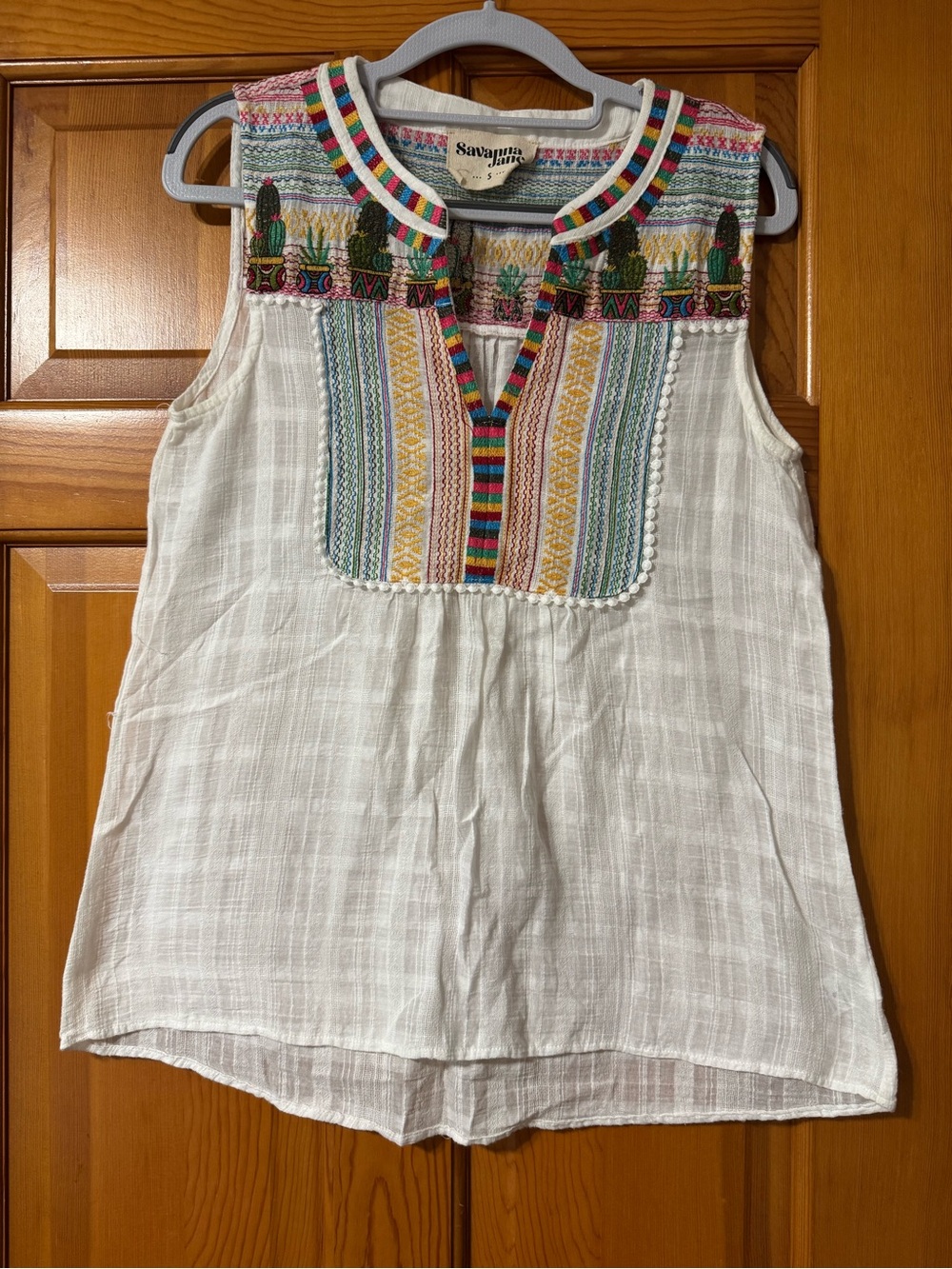 Savanna Jane White Sleeveless Tank with Multicolor Embroidered Yoke
